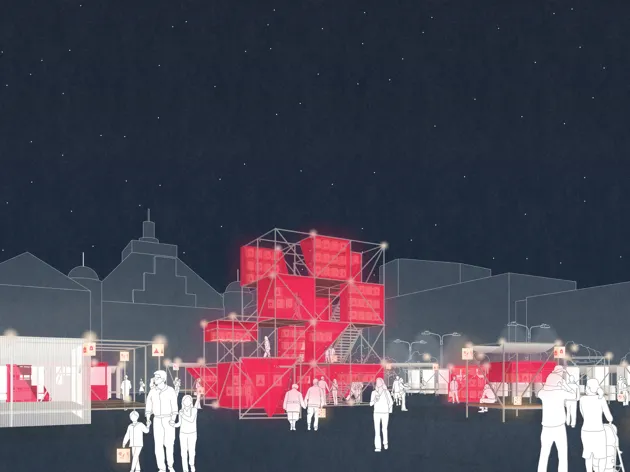 Drawing with building proposition in red, in city landscape with people