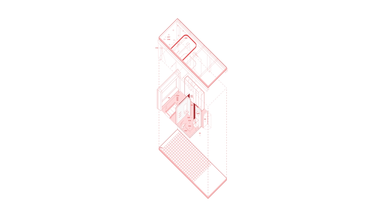 A 3D floor plan in red showing layers in a building