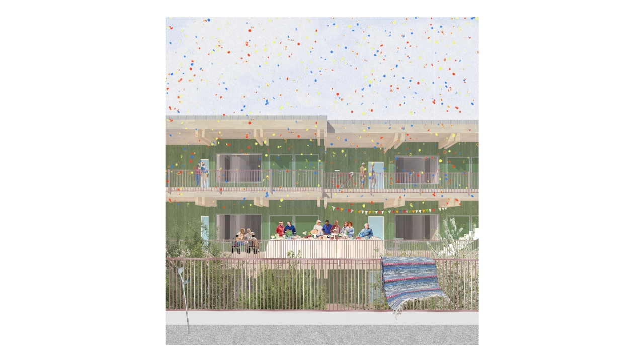 A rendered image of the exterior of an apartment building with people gathered outside and confetti in the air