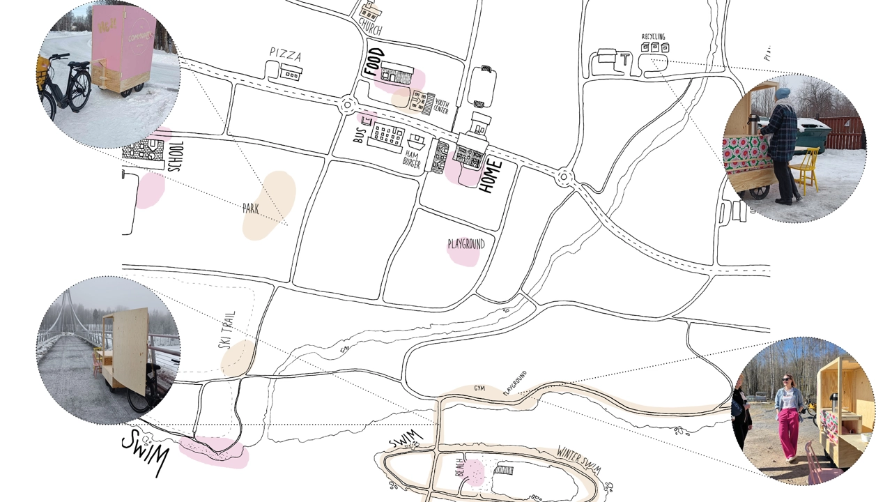Drawn map and infold images of a movable wagon in wood