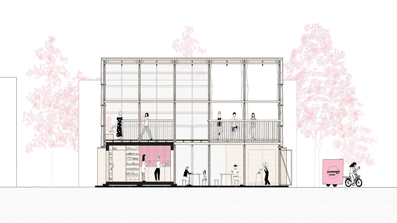 Drawn section of square formed building, people, trees etc