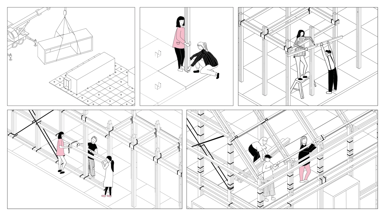 Drawn images showing process of people building a house together