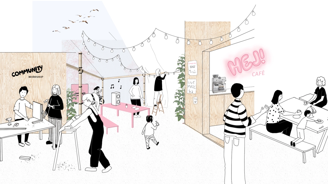 Drawing of people using a community space