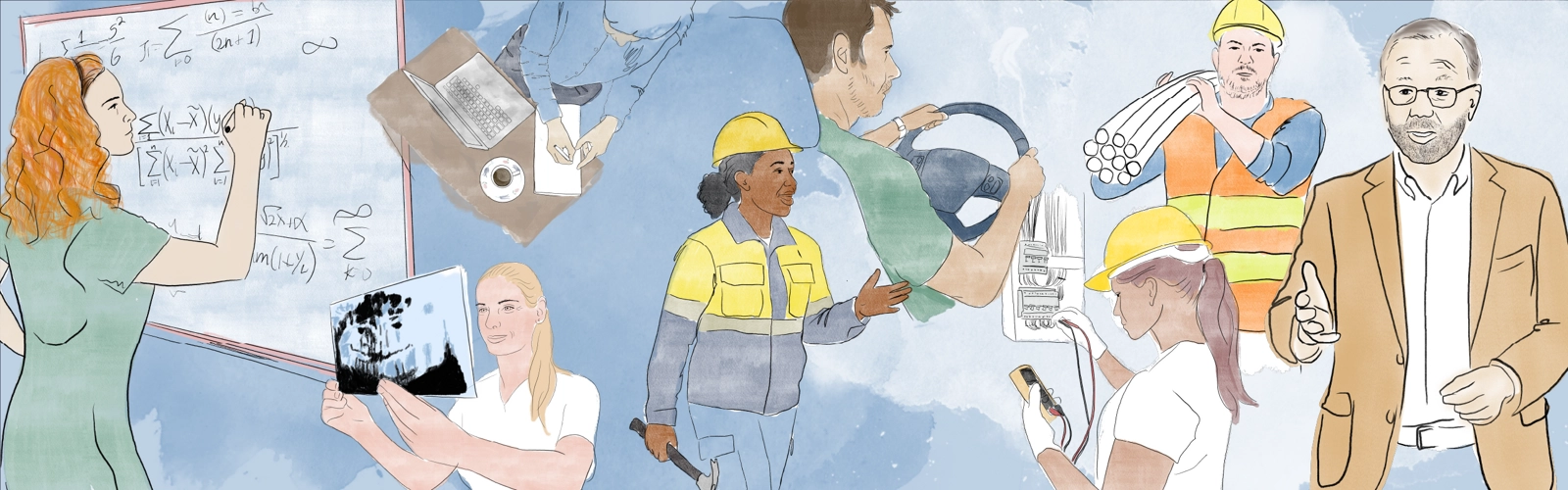 Illustrerad bild av människor med olika yrken.