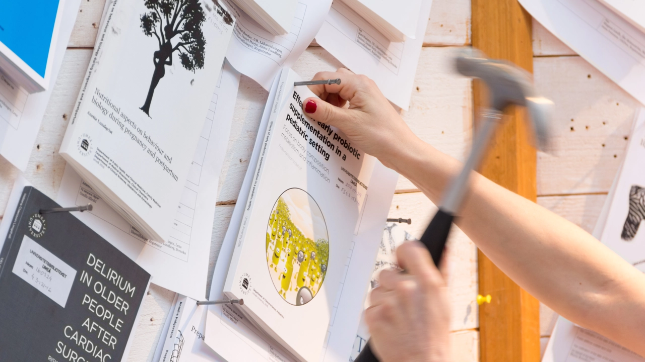 En hand i en hammare som ska slå in en spik för att fästa en avhandling mot en anslagstavla.