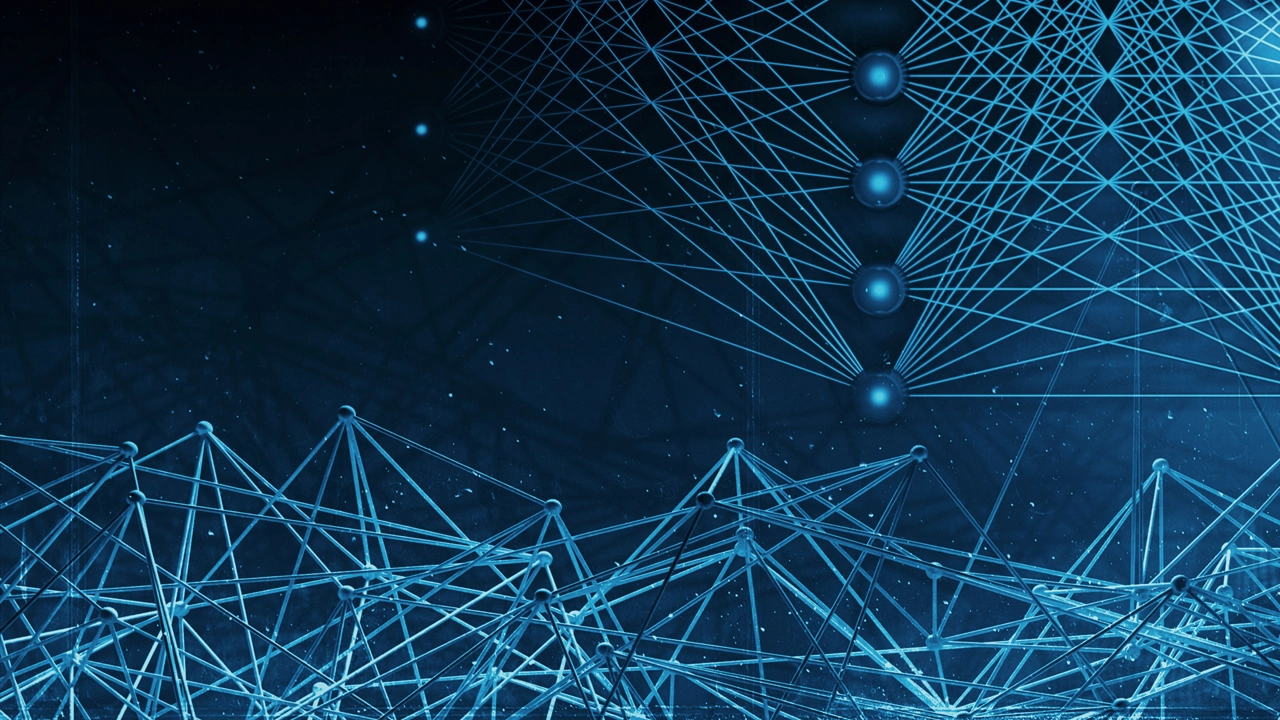 3D-illustration med neurala nätverk och ett blått människoansikte för att illustrera artificiell intelligens.