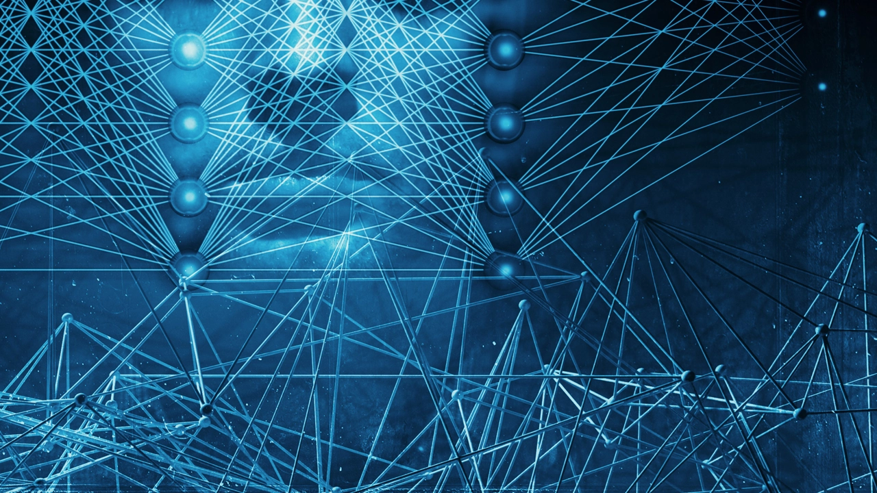 3D-illustration med neurala nätverk och ett blått människoansikte för att illustrera artificiell intelligens.