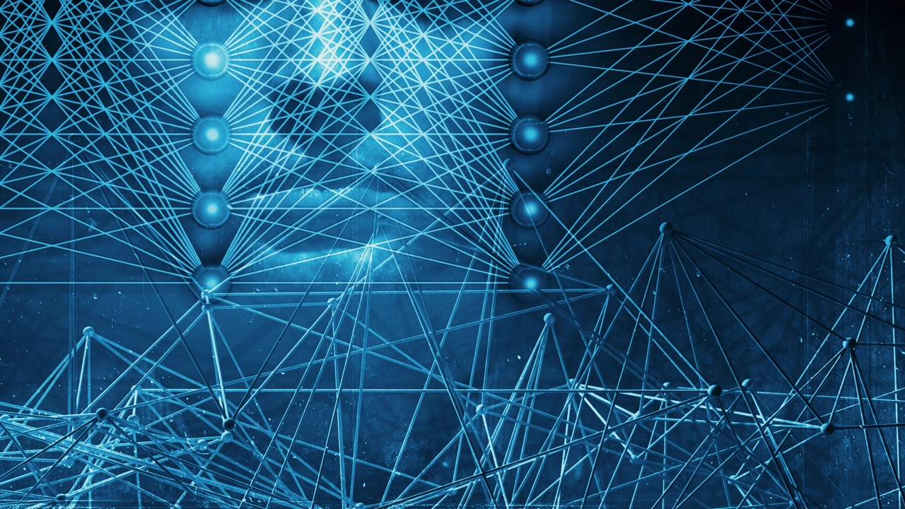 3D-illustration med neurala nätverk och ett blått människoansikte för att illustrera artificiell intelligens.