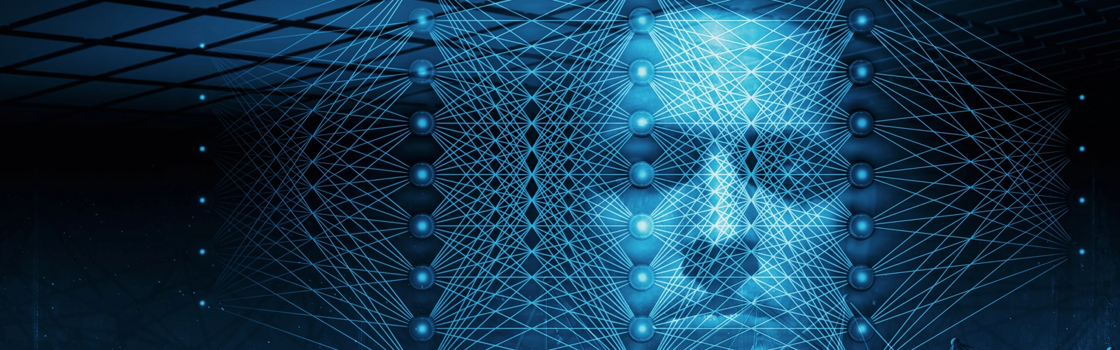 3D-illustration med neurala nätverk och ett blått människoansikte för att illustrera artificiell intelligens.