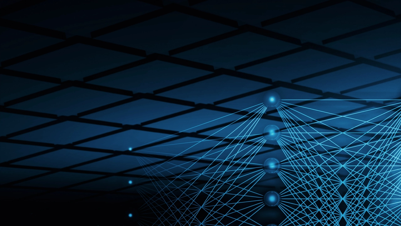 3D-illustration med neurala nätverk och ett blått människoansikte för att illustrera artificiell intelligens.