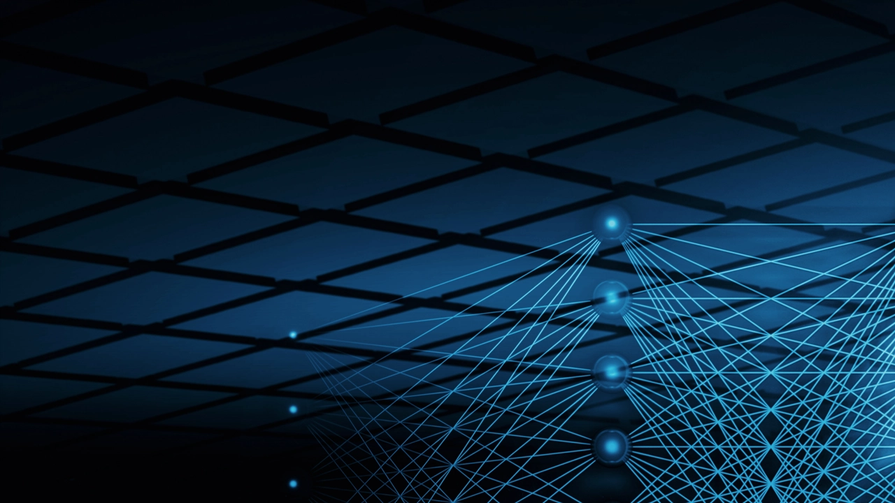 3D-illustration med neurala nätverk och ett blått människoansikte för att illustrera artificiell intelligens.