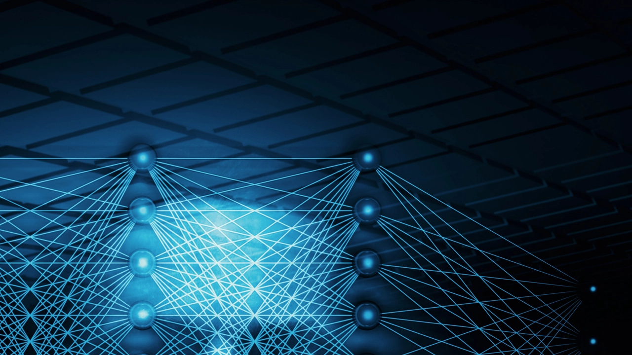 3D-illustration med neurala nätverk och ett blått människoansikte för att illustrera artificiell intelligens.