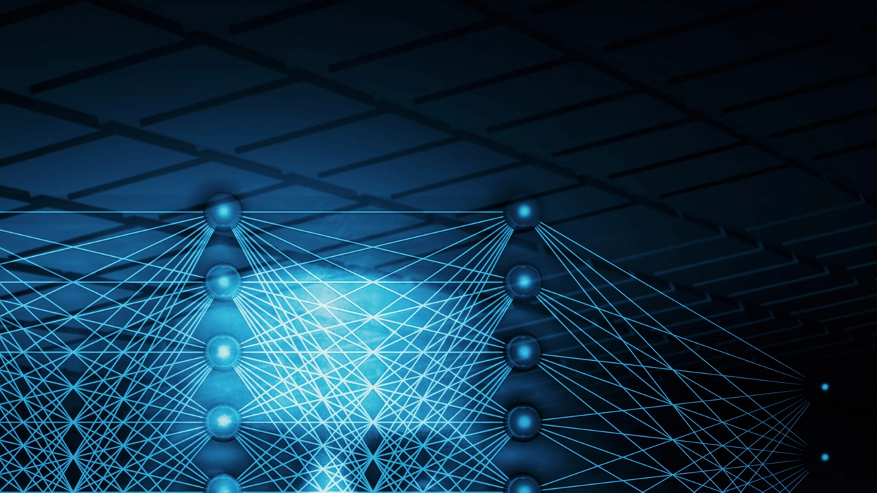 3D-illustration med neurala nätverk och ett blått människoansikte för att illustrera artificiell intelligens.
