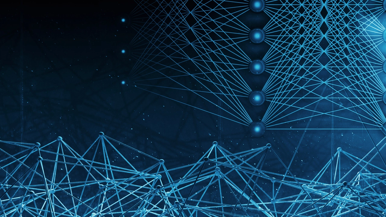 3D-illustration med neurala nätverk och ett blått människoansikte för att illustrera artificiell intelligens.