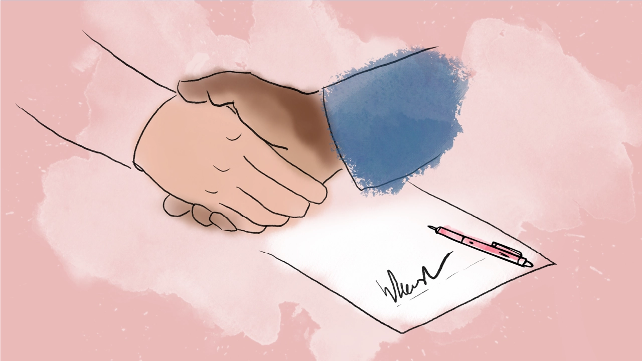 Illustration av två händer som gör ett handslag. Ett underskrivet avtal nedanför. 