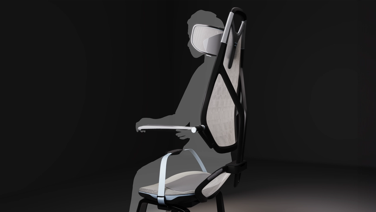 Human scale test—user sitting in seat  to showcase comfort and posture.