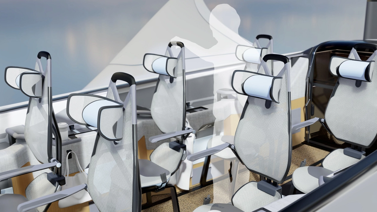 Interior interaction—user standing and gripping seat handle to show flow and accessibility.