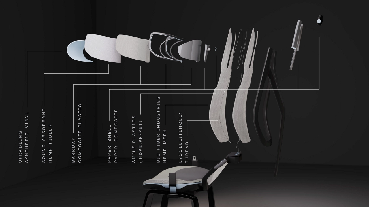 Exploded view showing components, materials, and disassembly logic of the seating unit.