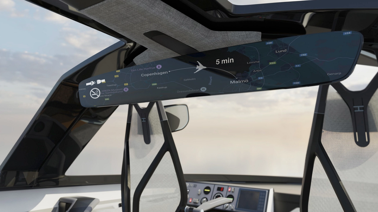 Passenger info screen for route visibility, remaining flight time, and safety indications.