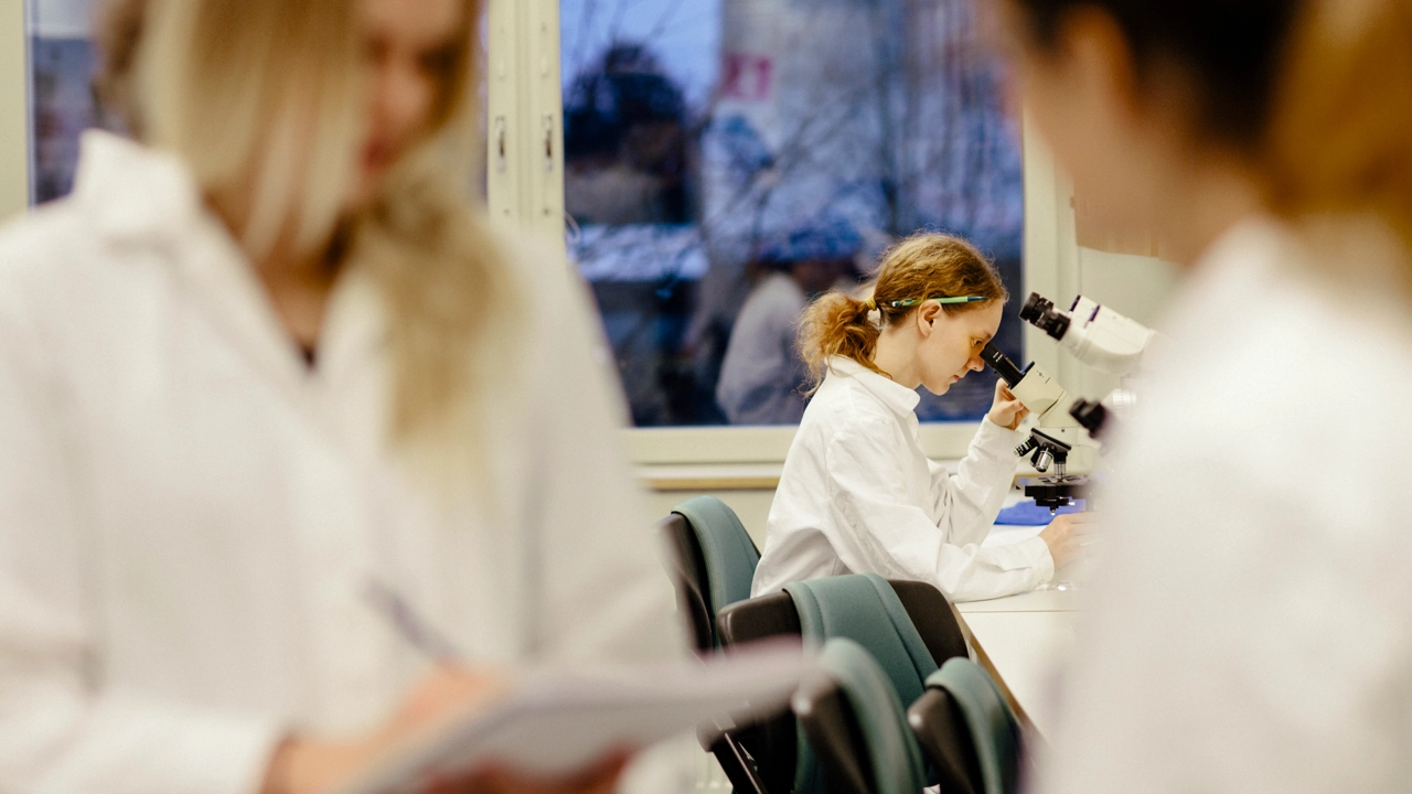 Bild på studenter i labb