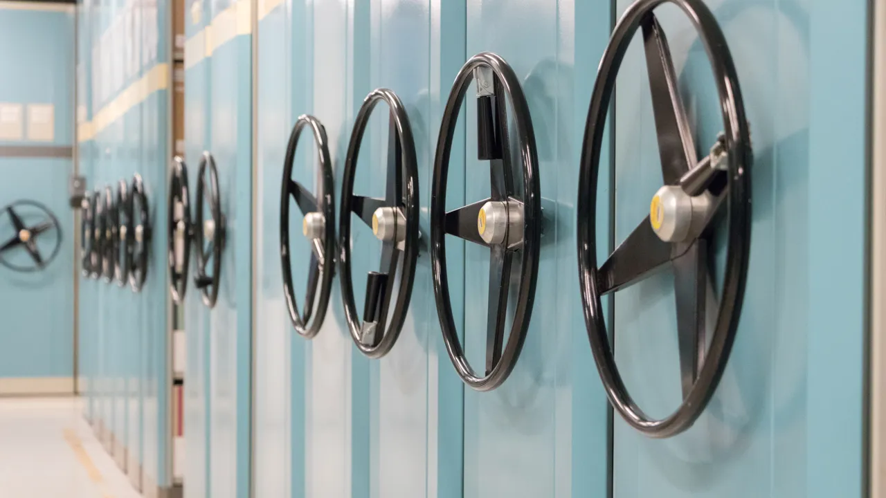 Flyttbara bokhyllor med rattar i ett arkiv.