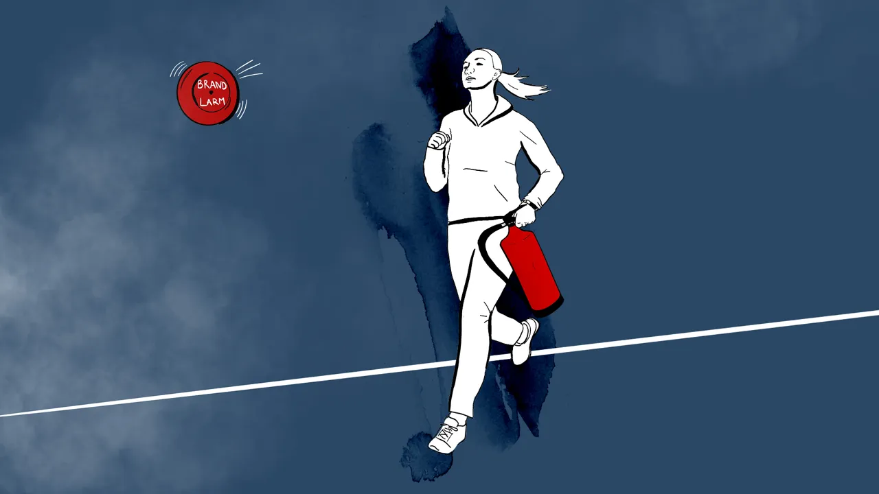 A person is running with a fire extinguisher and the fire alarm is sounding.