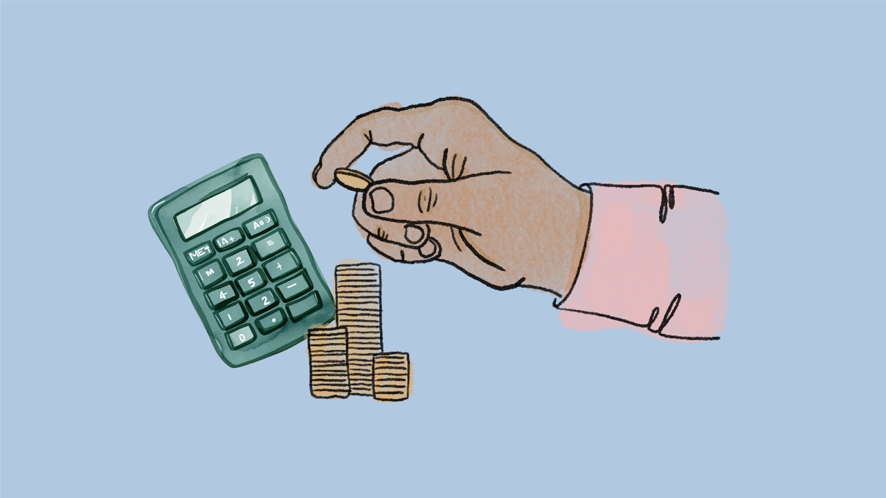 Illustration, miniräknare, hand som lägger mynt i högar.