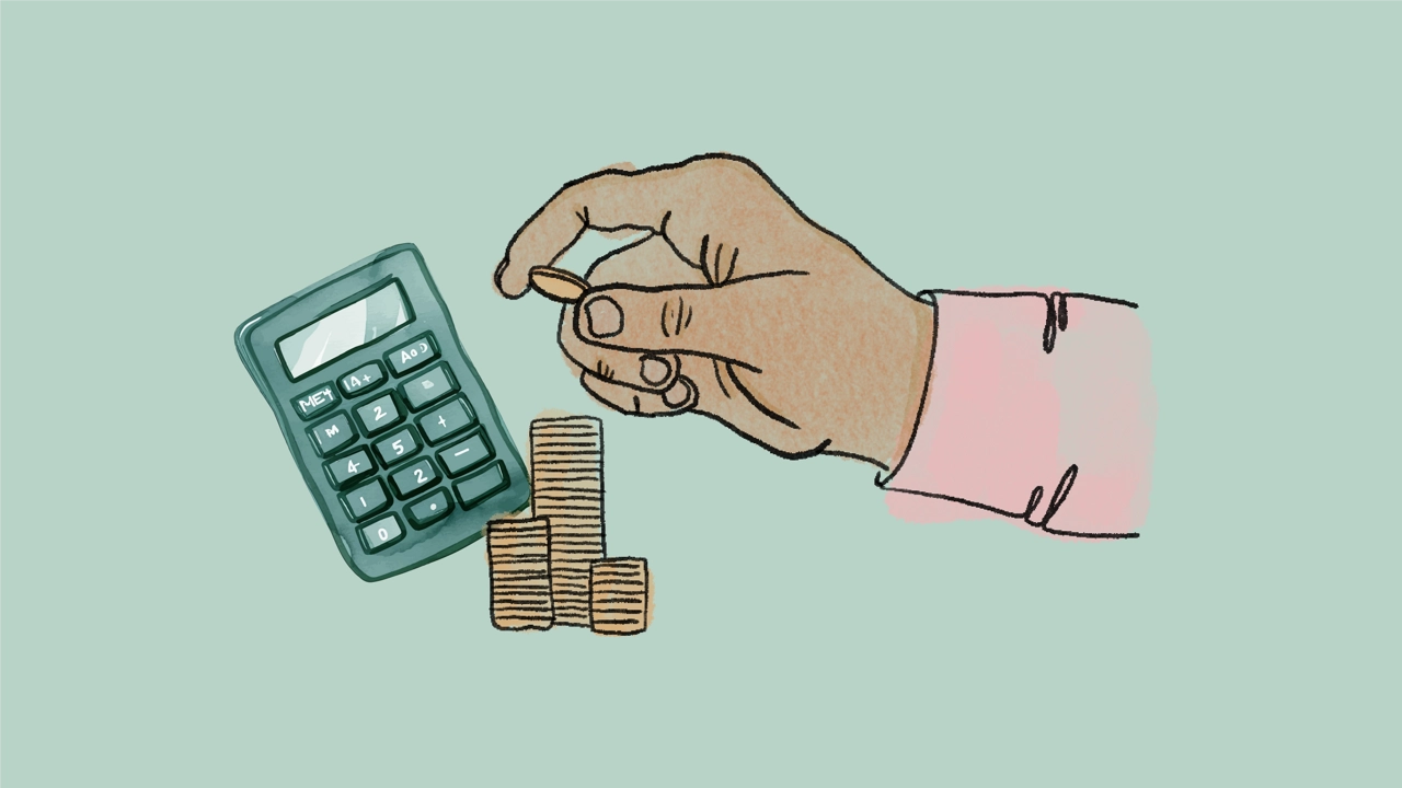 Calculator and a hand stacking coins.