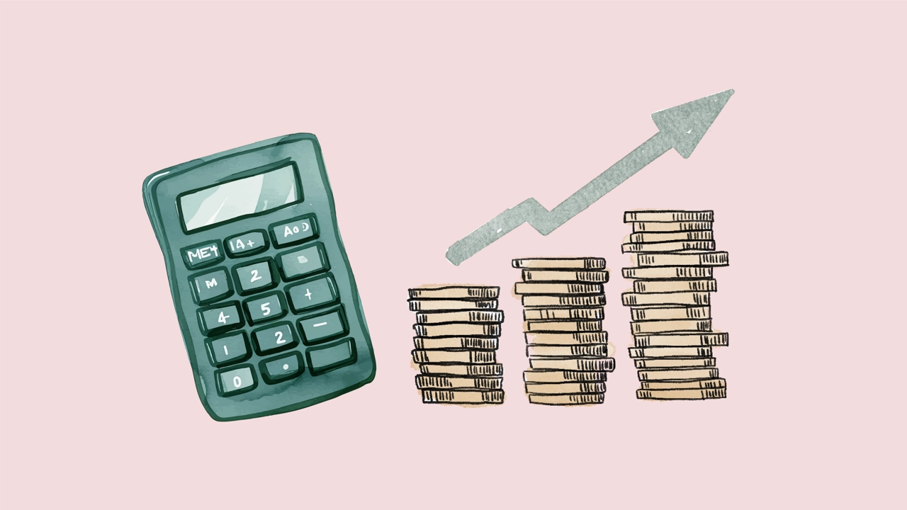 A calculator, a stack of coins and an arrow pointing diagonally upwards.