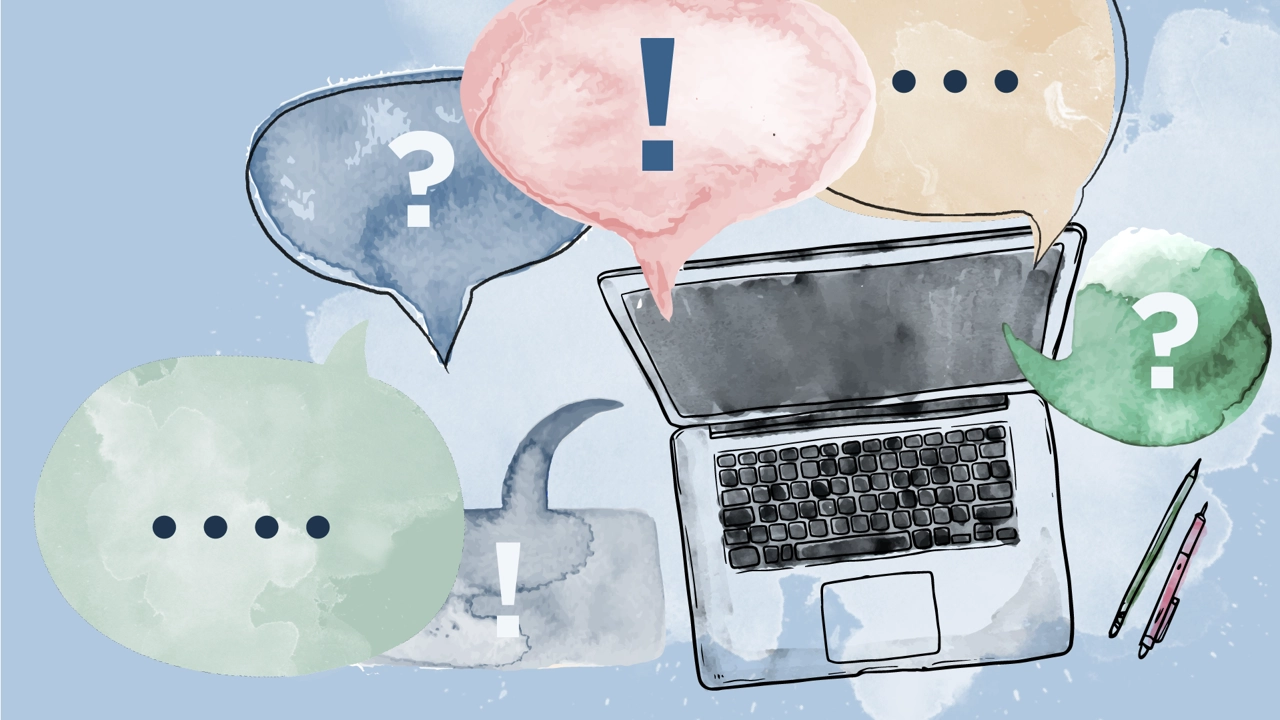 Computer with speech bubbles and question marks.