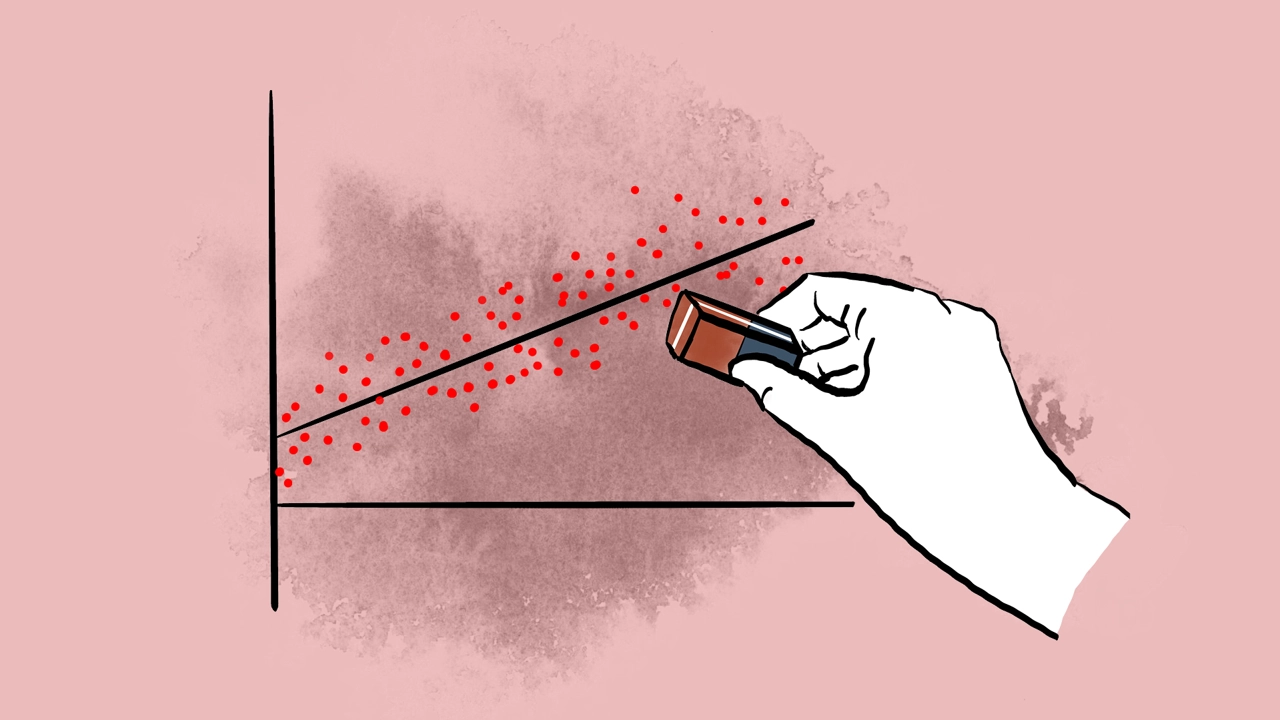 A hand holding a rubber erasing data from a chart.