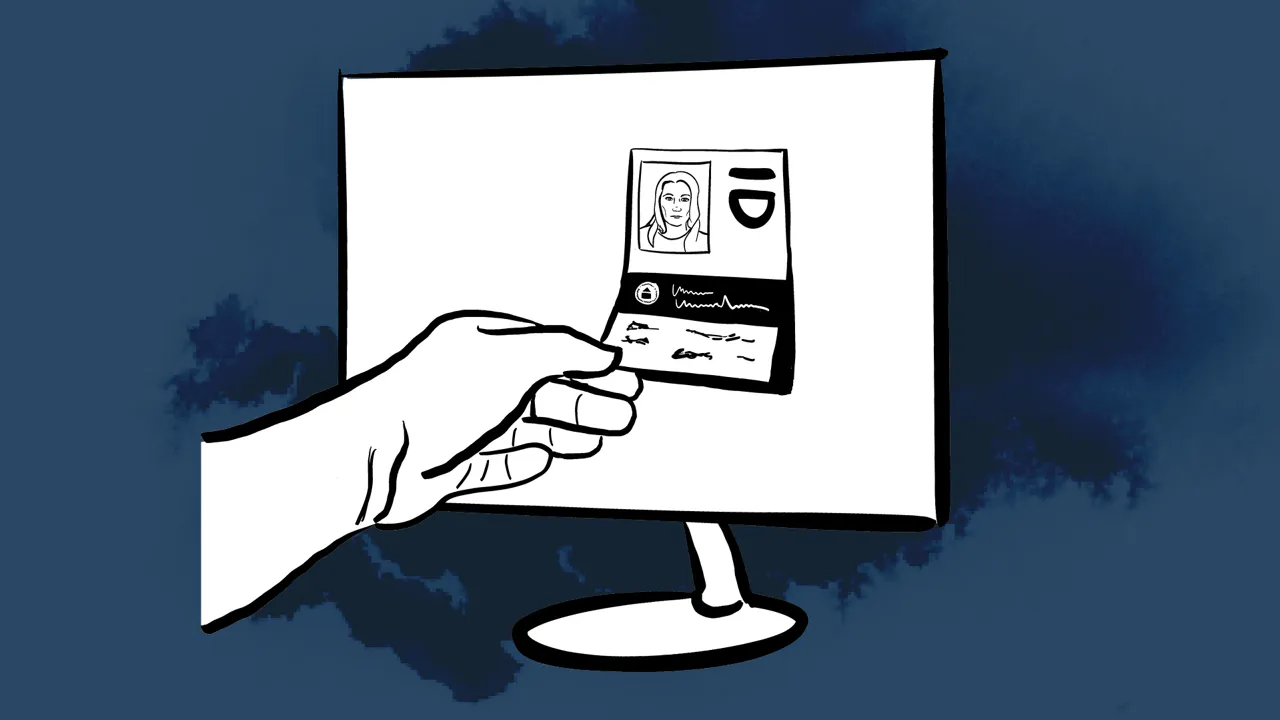 A hand is reaching into a screen to grab an identity card.