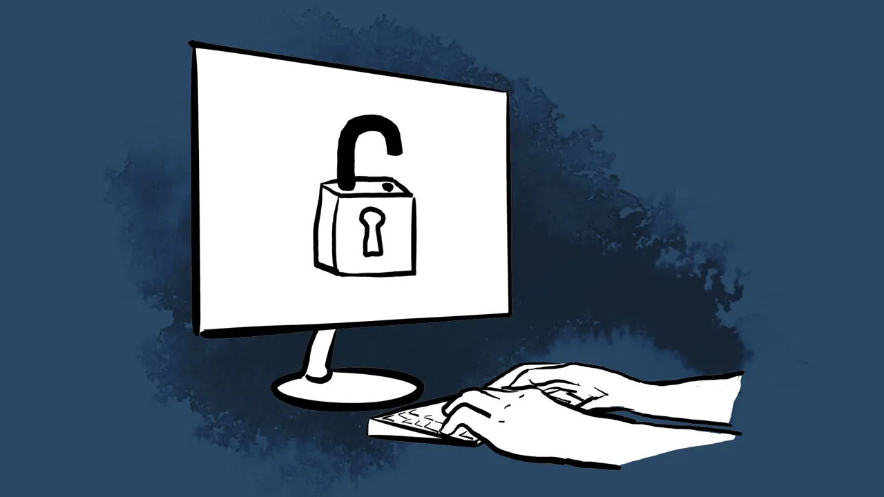 Two hands are typing on a keyboard and the screen shows an open padlock.
