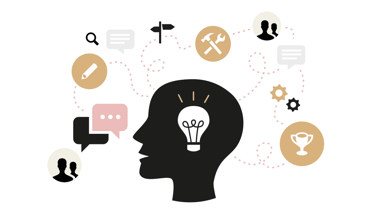 A head with a light bulb and various symbols such as a trophy, pen, people and tools.