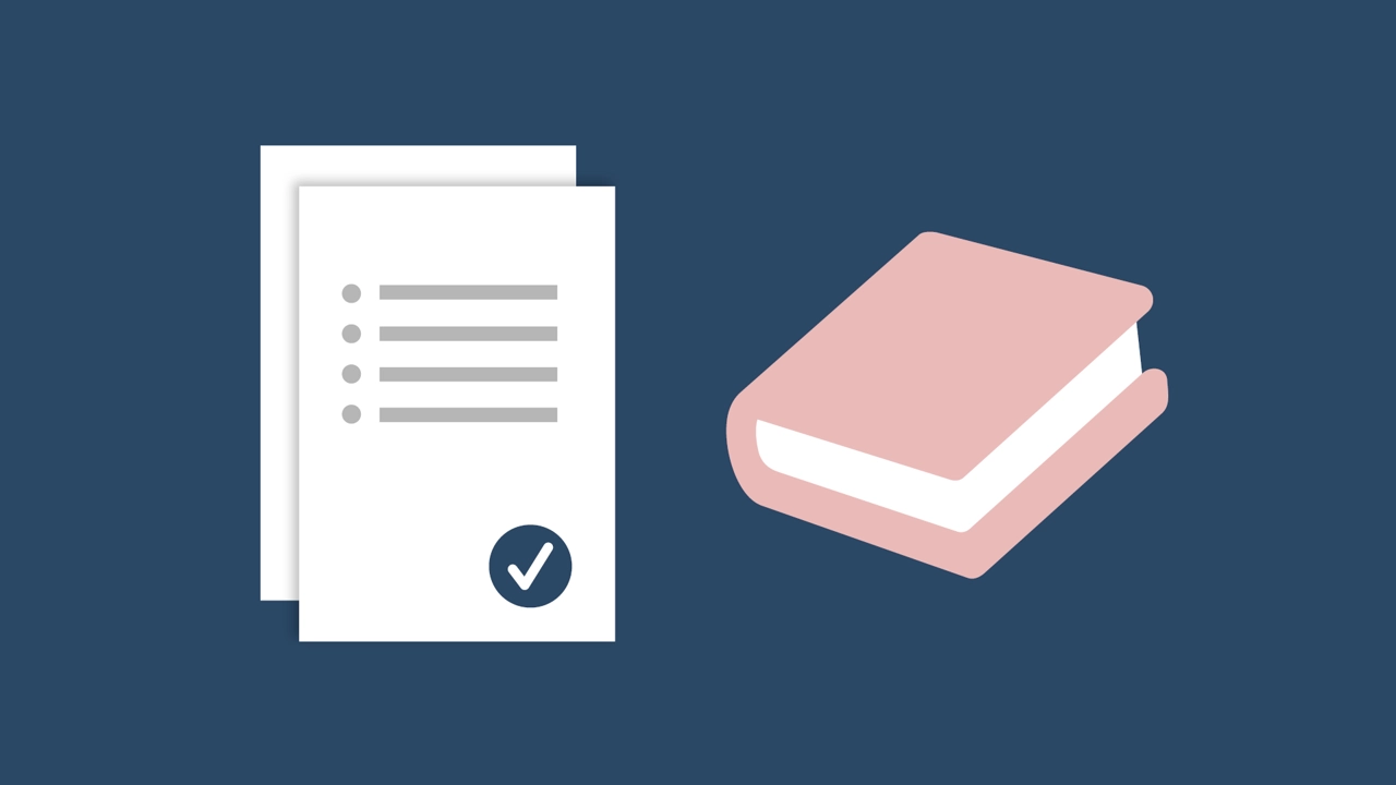 Two documents with a stamp for approval and a book.