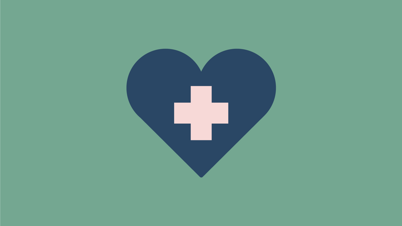 Ett blått hjärta med ett rosa sjukvårdskors i mitten.