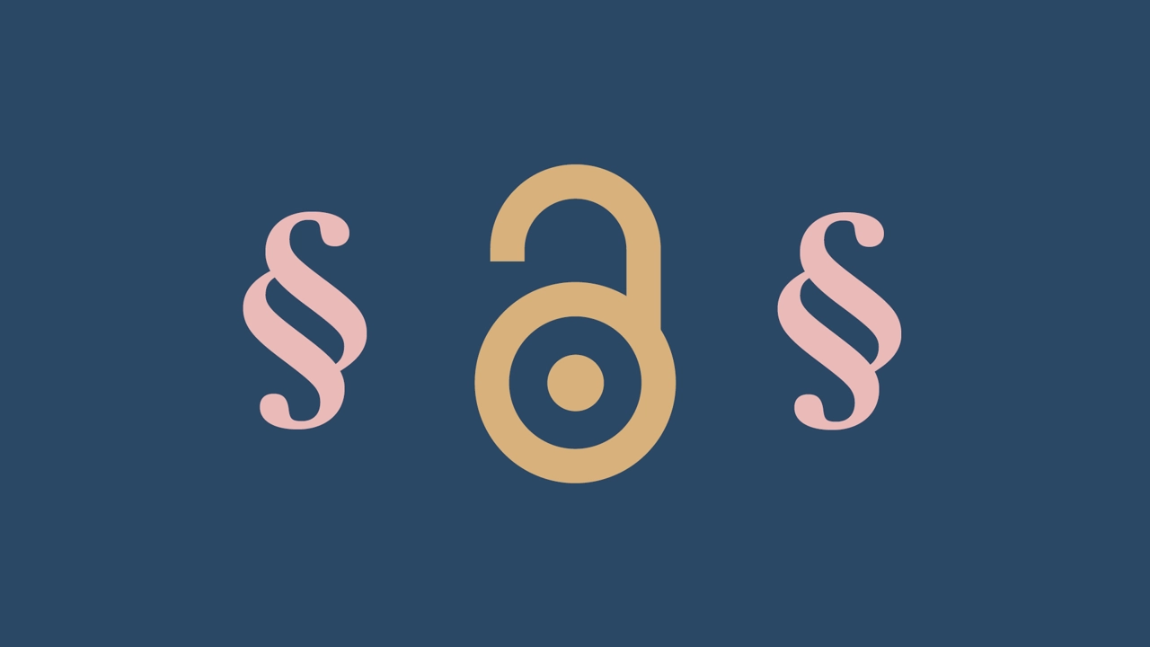 Öppet hänglås med varsin paragrafsymbol för lagar på vardera sida.