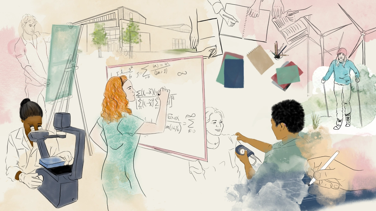 Akvarellmålad kollagebild på människor som utövar olika yrken.