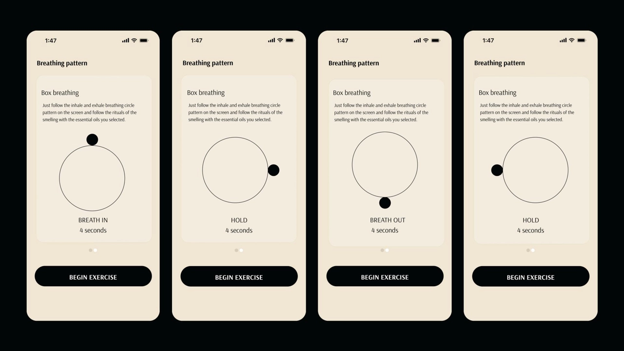 Box breathing pattern instructions to breath four seconds, then hold for four seconds.