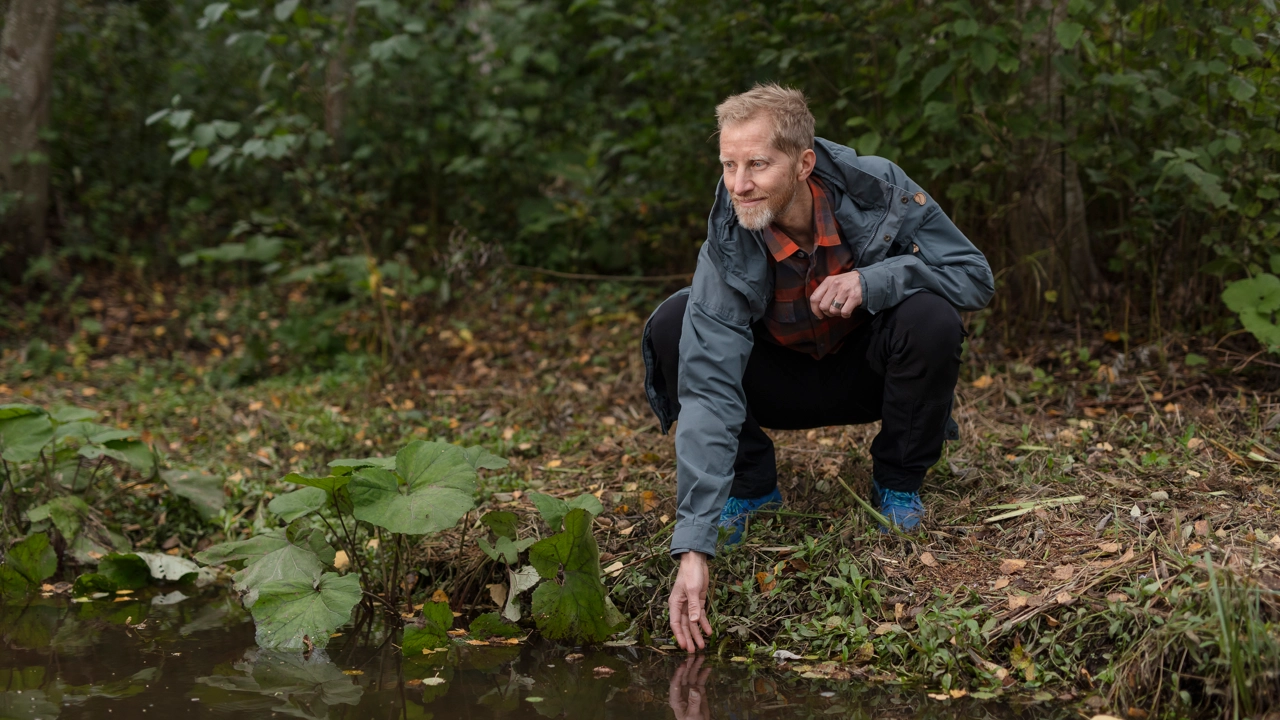 Jan Karlsson stoppar handen i en bäck
