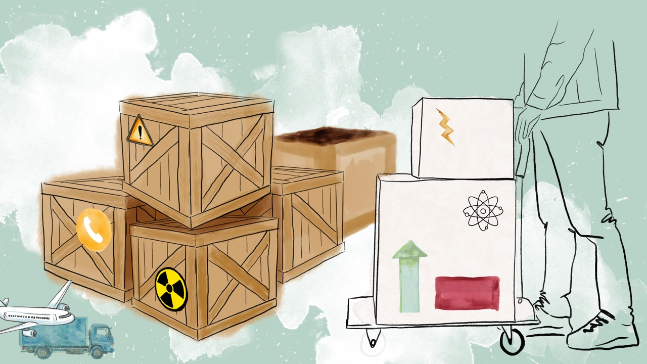 Illustration, trälådor, kartonger som skickas via flyg eller lastbil.