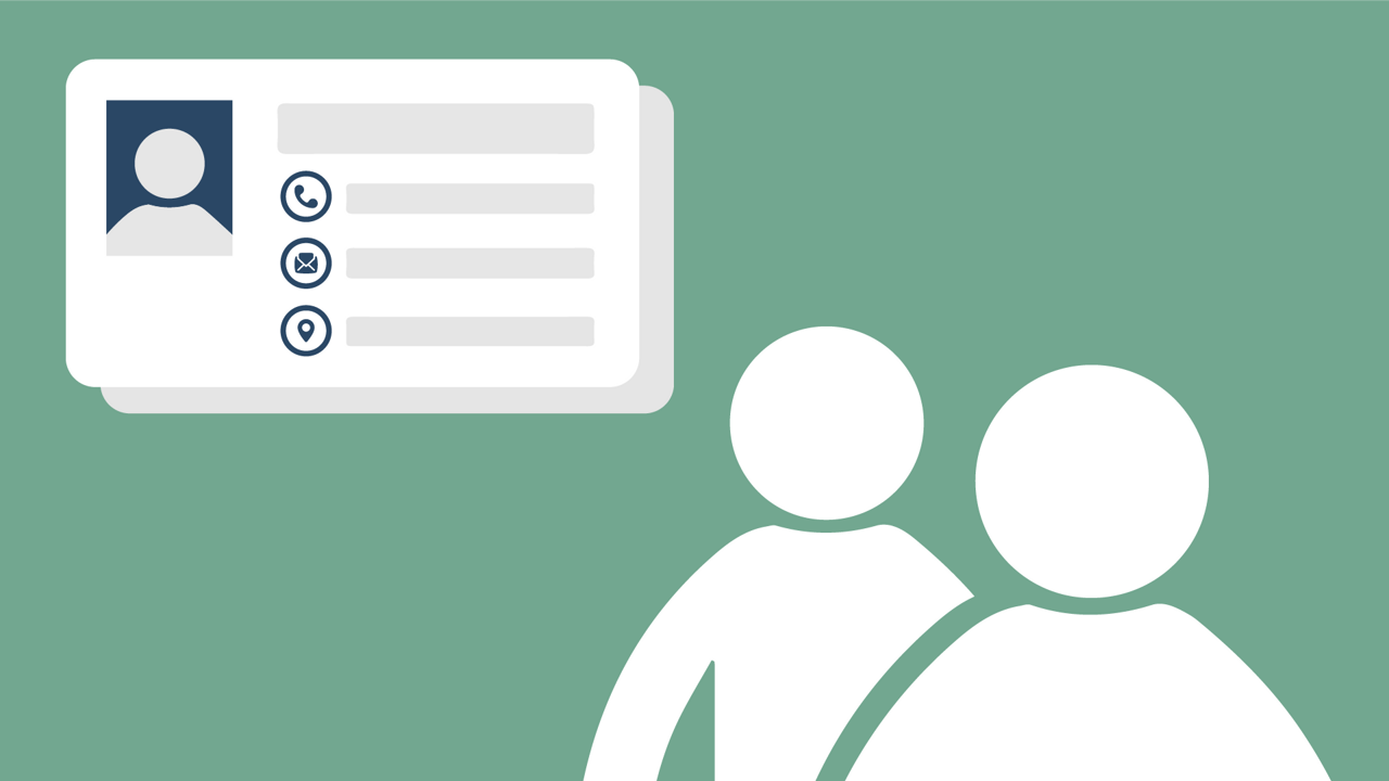 Symbol of contact details on a business card and two people.