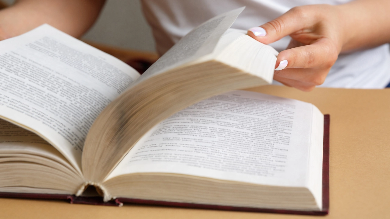 Närbild på händer som bläddrar i en bok.