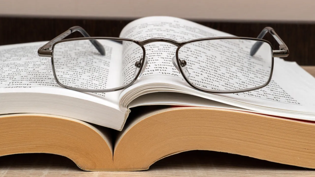 Reading glasses on an open book.