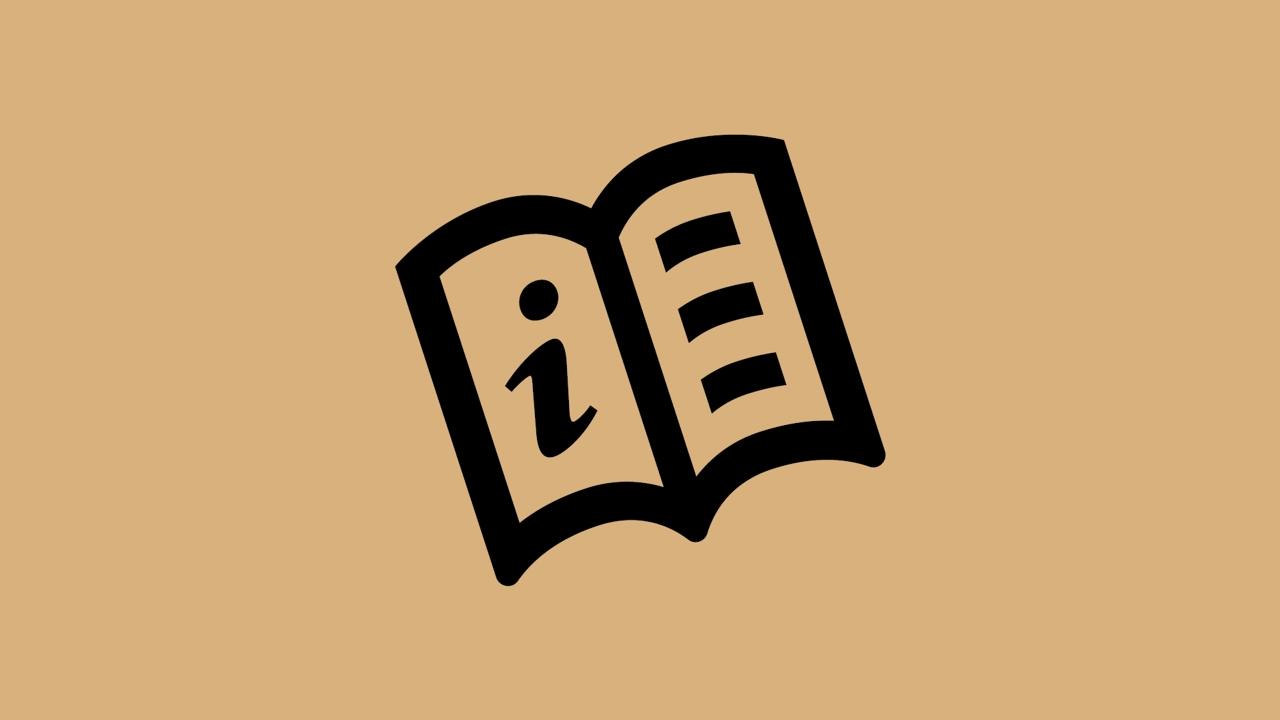 En uppslagen bok med ett i för information på ena bladet.