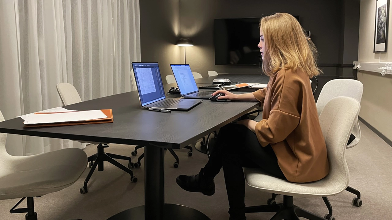 Bild på Minna Portinsson sittande vid konferensbord med laptop framför sig.