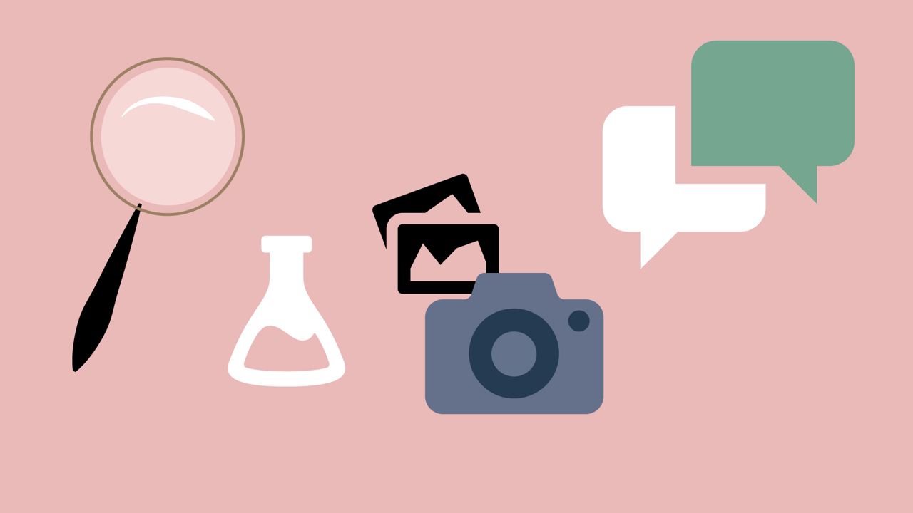 Illustration of a magnifying glass, a vial, a camera and a speech bubble.