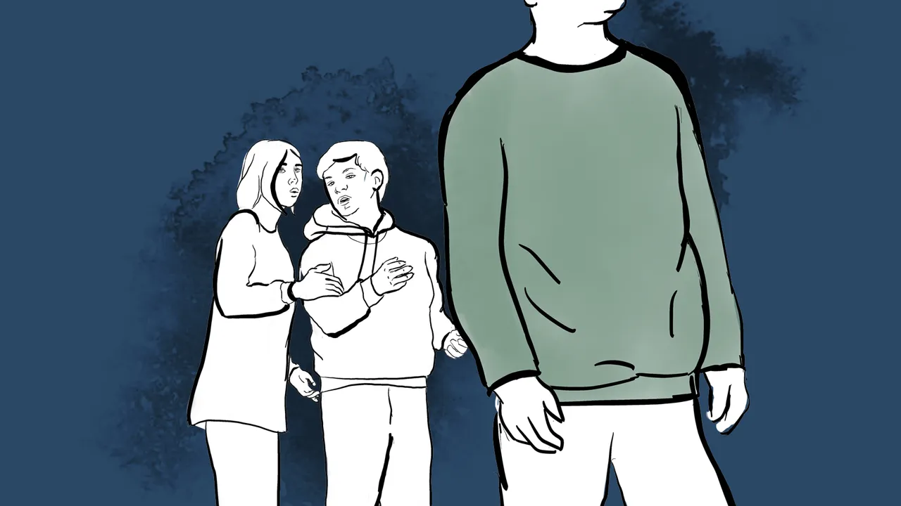 Two people are whispering behind the back of a third person.