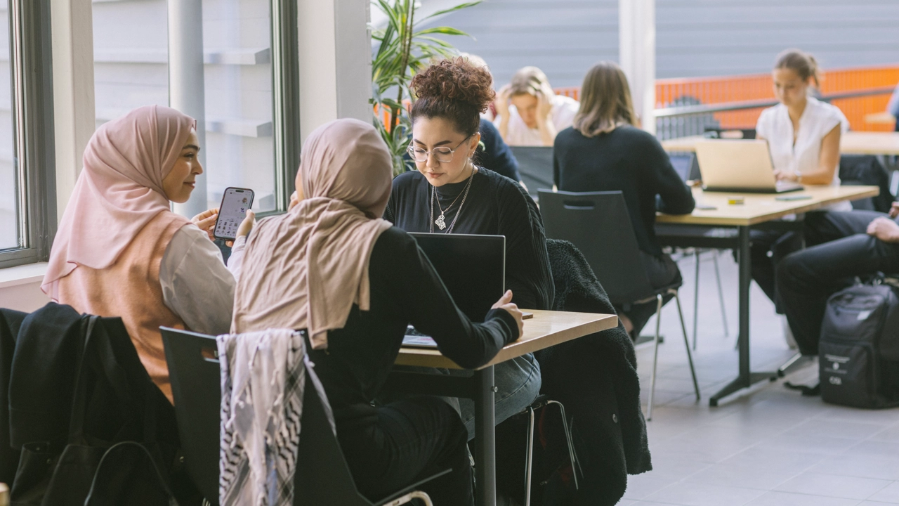 En studieplats med härligt ljus där flera studenter sitter och jobbar.