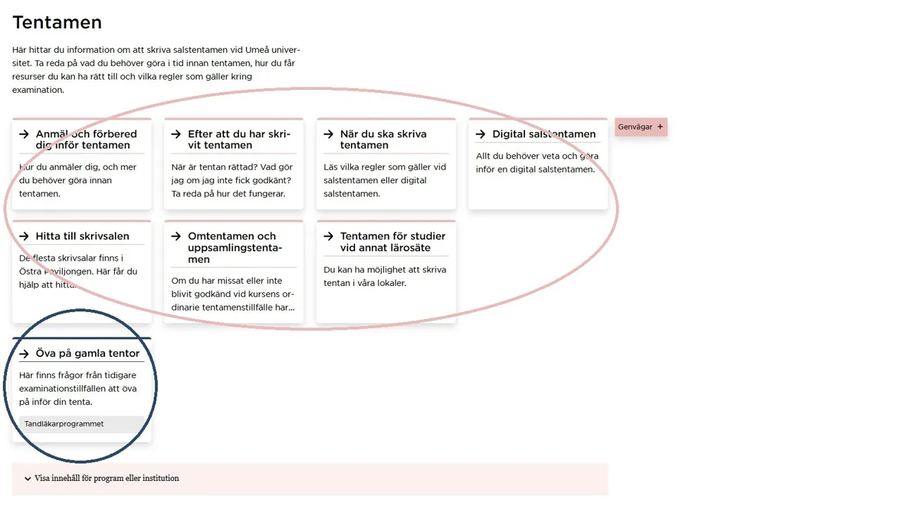 En webbsida med rutor som länkar vidare till undersida. En rosa markering ringar in den information som är gemensam för alla studenter. En blå markering ringar in information som gäller en specifik utbildning.  